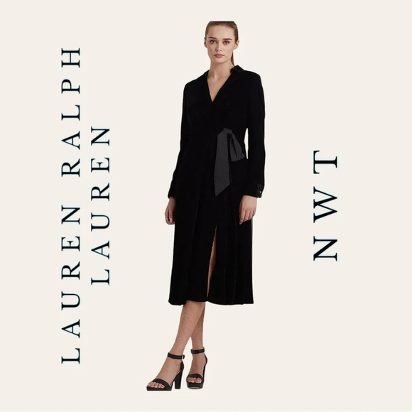 WOMEN’S NWT LAUREN RALPH LAUREN VELVET SURPLICE MIDI DRESS SIZE 16‎ BLACK COLOR - Picture 1 of 13